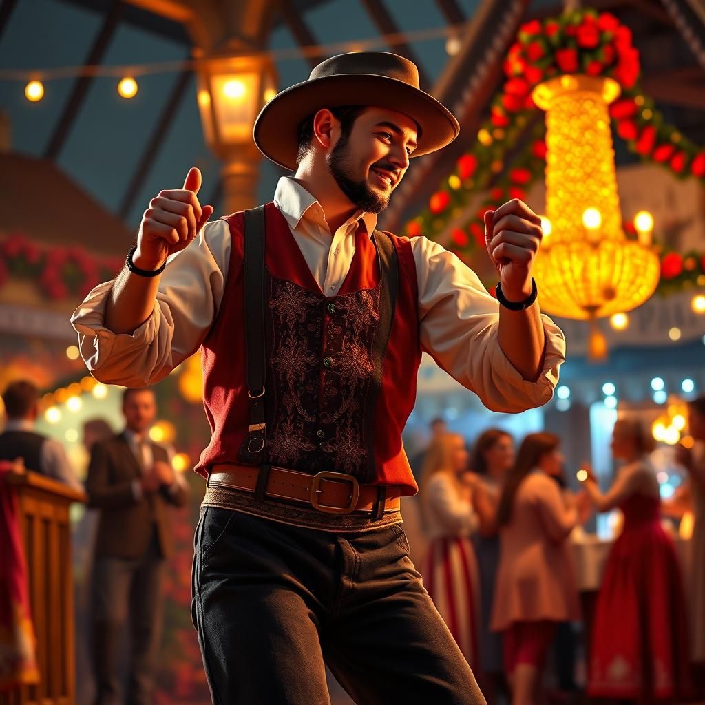 Bavarian Man Dancing at Oktoberfest, Fine Art Illustration
