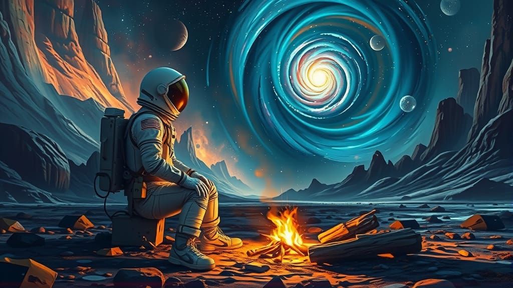 Astronaut Campfire on Alien Planet as Oil Painting