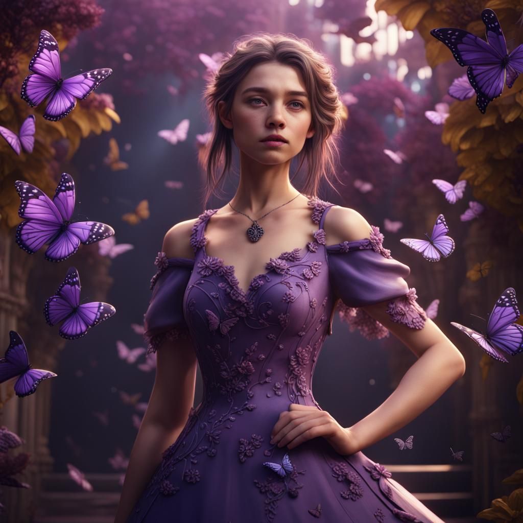 Girl in Purple Dress with Butterflies