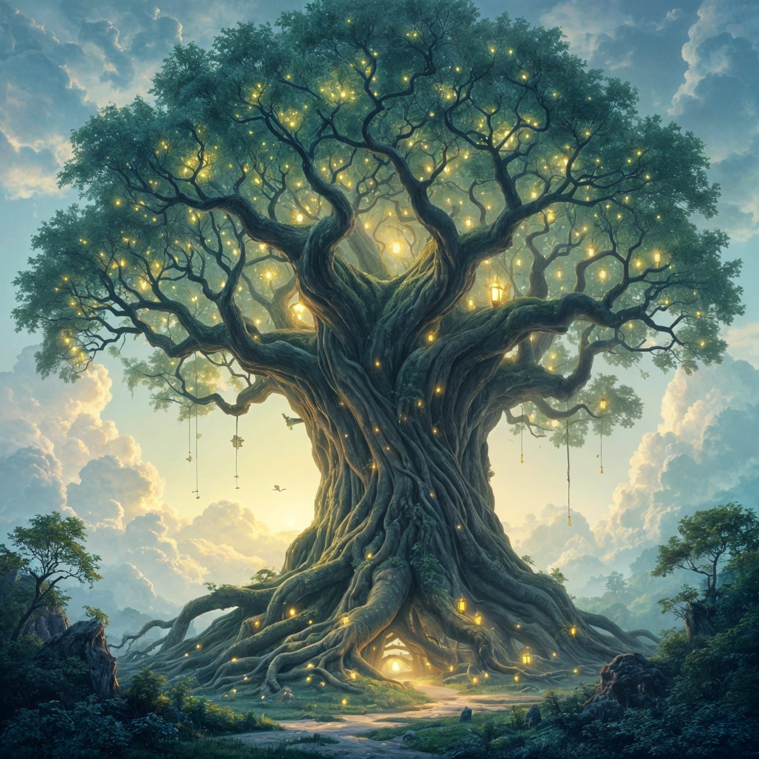 Bioluminescent Ancient Tree in Fantasy Landscape