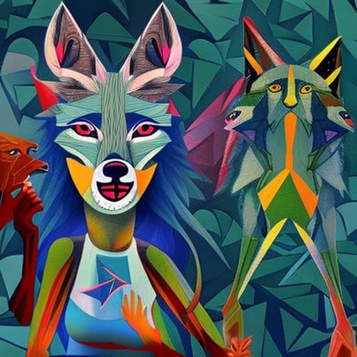 Werewolf Girl Howling at Moon in Cubist Style