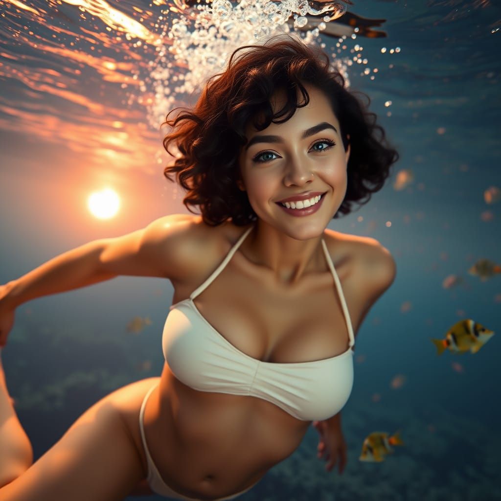 Underwater Sunrise Swim in Photorealistic Style