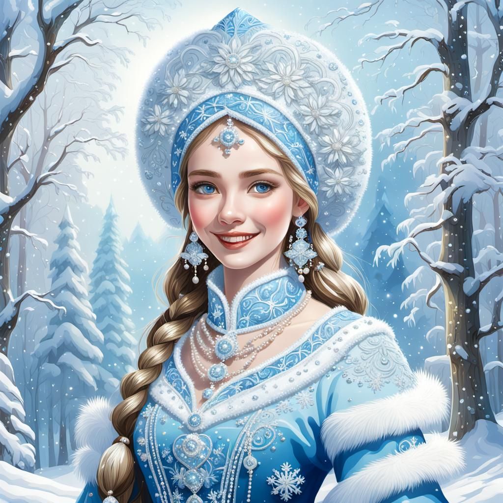 Majestic Snow Maiden in Whimsical Russian Attire