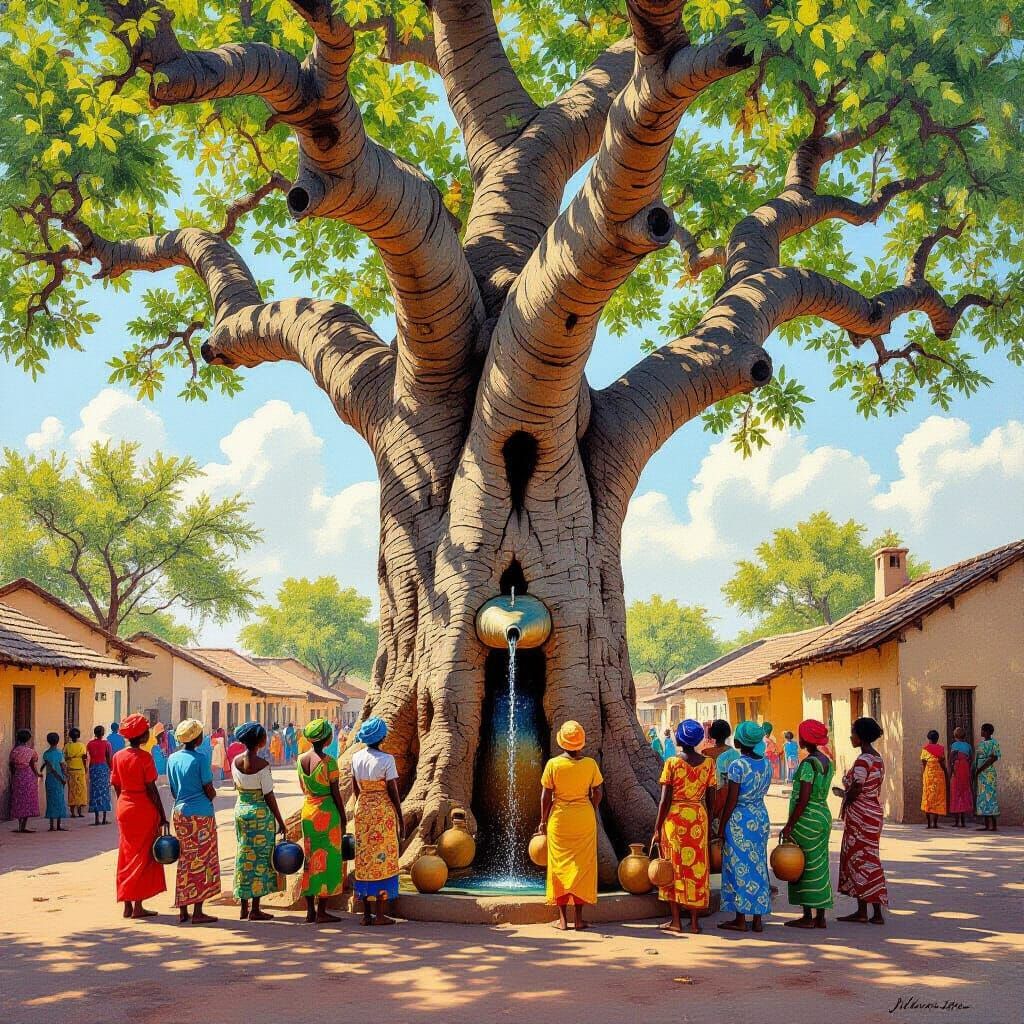 Baobab Tree Village Water Spout Scene