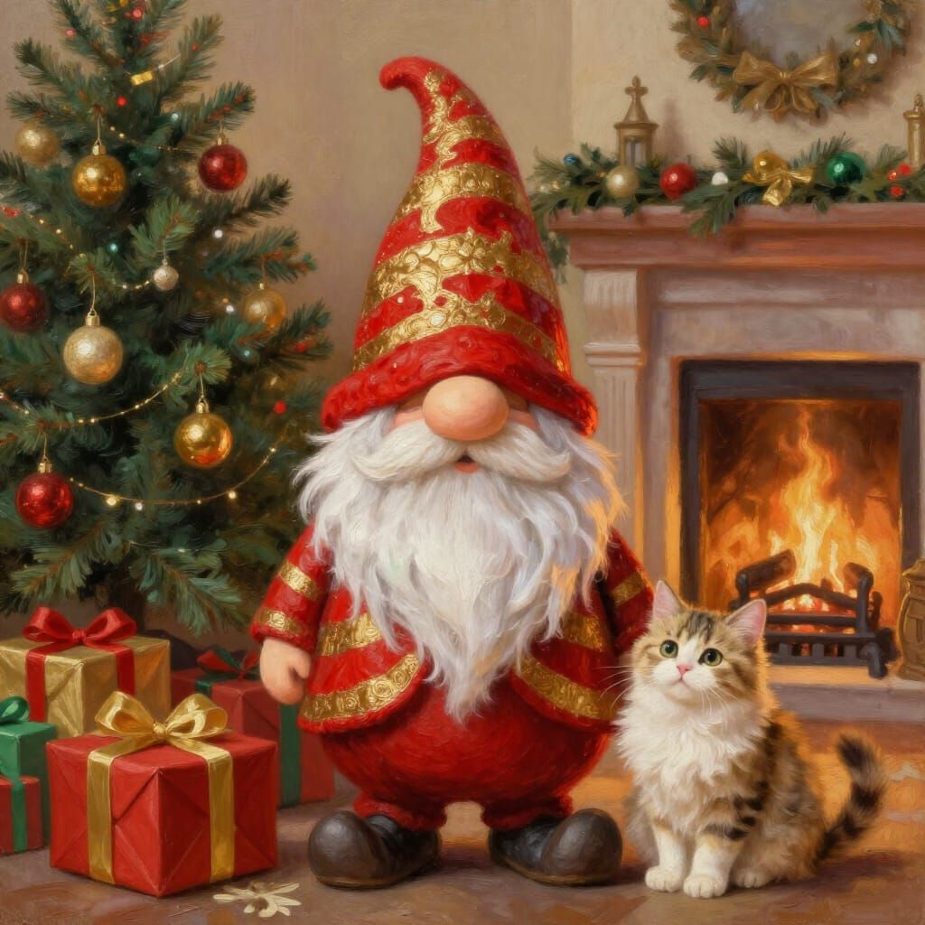 Whimsical Gnome and Kitten by Christmas Tree in Oil Painting...
