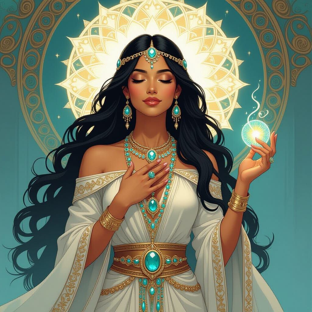 Atlantean Priestess Healing in Dreamy Art Nouveau Style