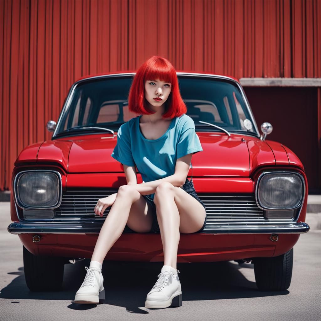 Girl with Red Hair on a Red Car