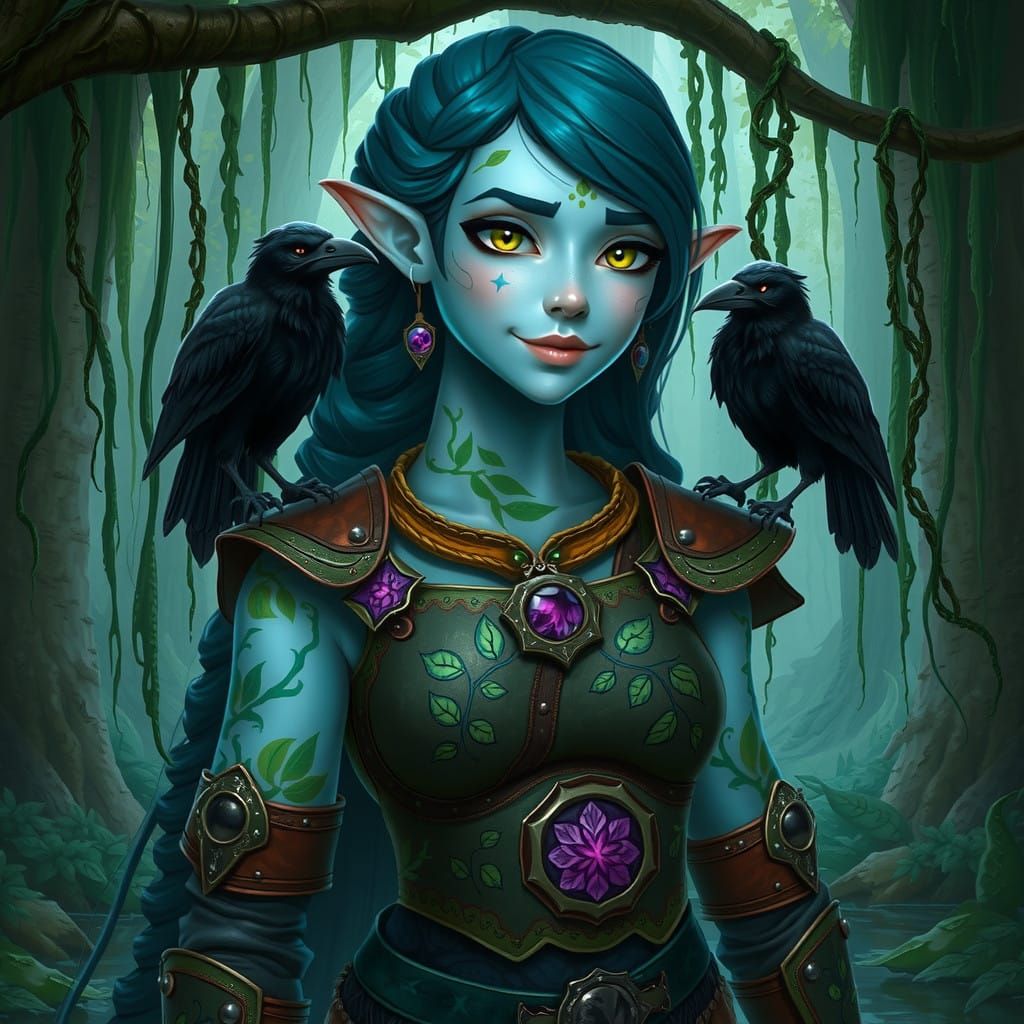 Mystical Forest Folk Art Portrait with Bioluminescent Skin a...