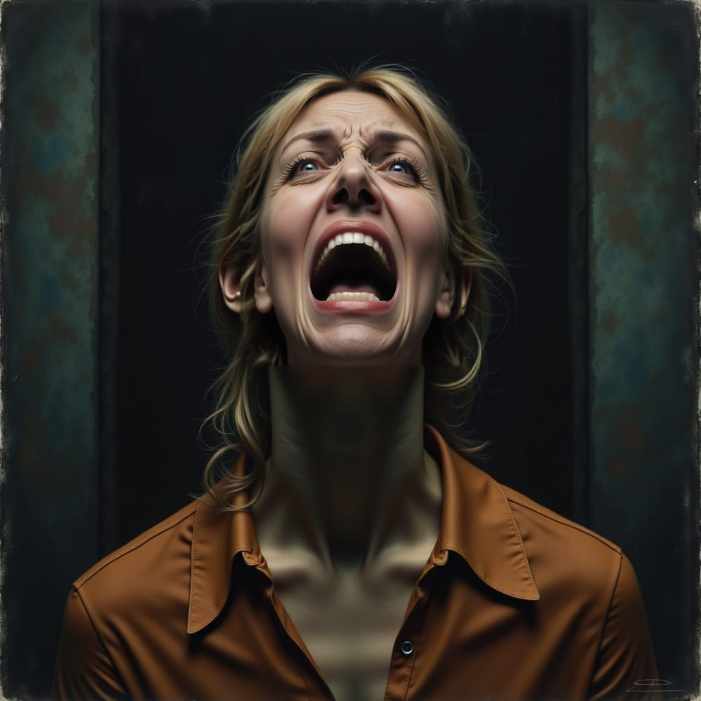<lora:Everybody Scream:1.0> A 45 year old woman screaming what else today feeling stressed out and sad