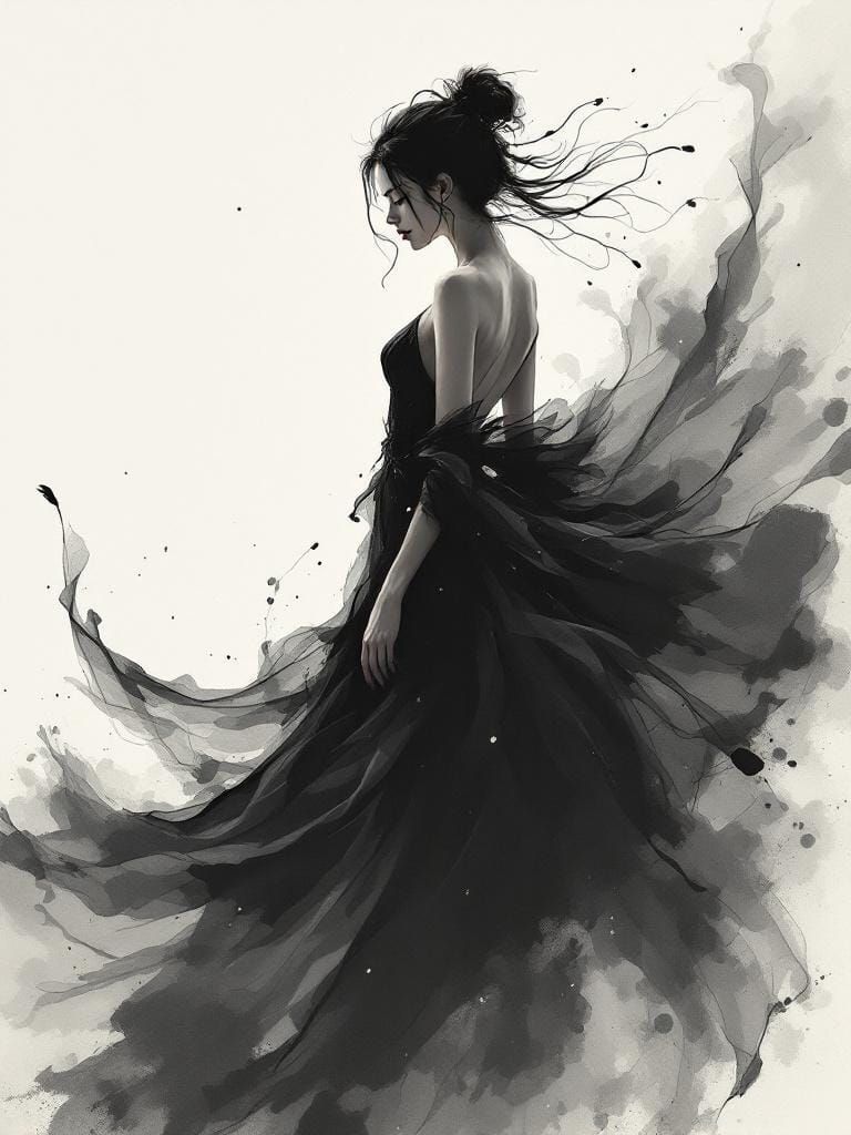 Woman in Flowing Dress, Sumi-e Ink Wash