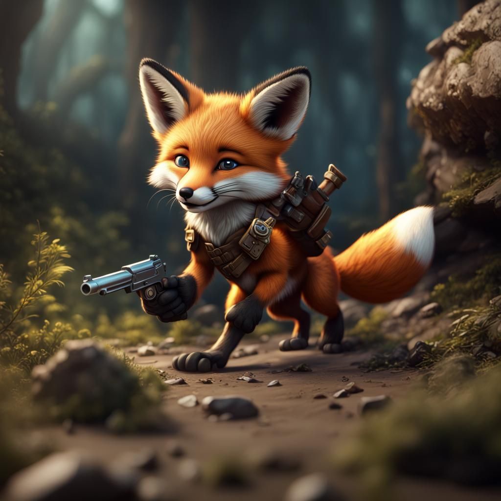 Fox Cub Plays with Pistol: Detailed Matte Painting