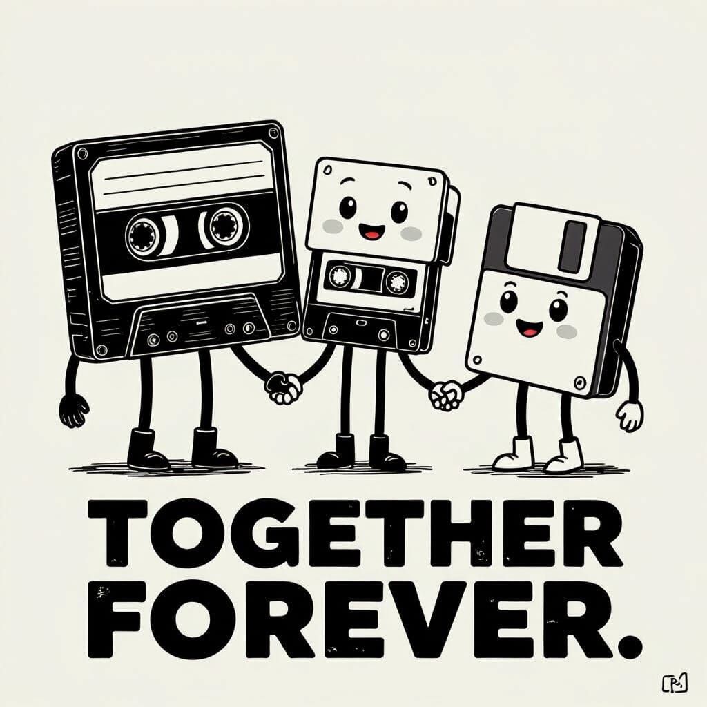 Retro Friends: VHS, Cassette, Floppy Disk Together Forever