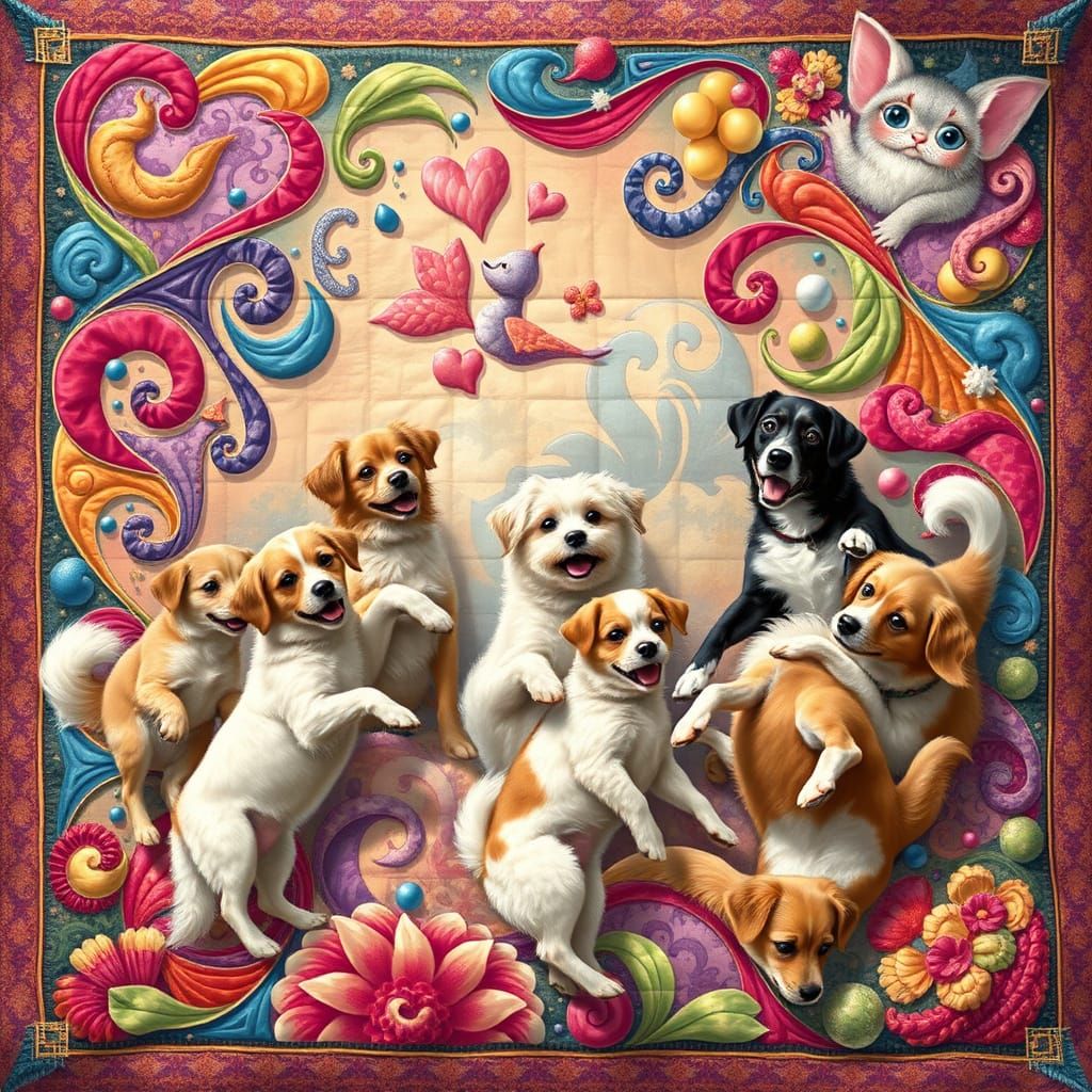 Vibrant Quilt Scene with Dogs in Whimsical Play