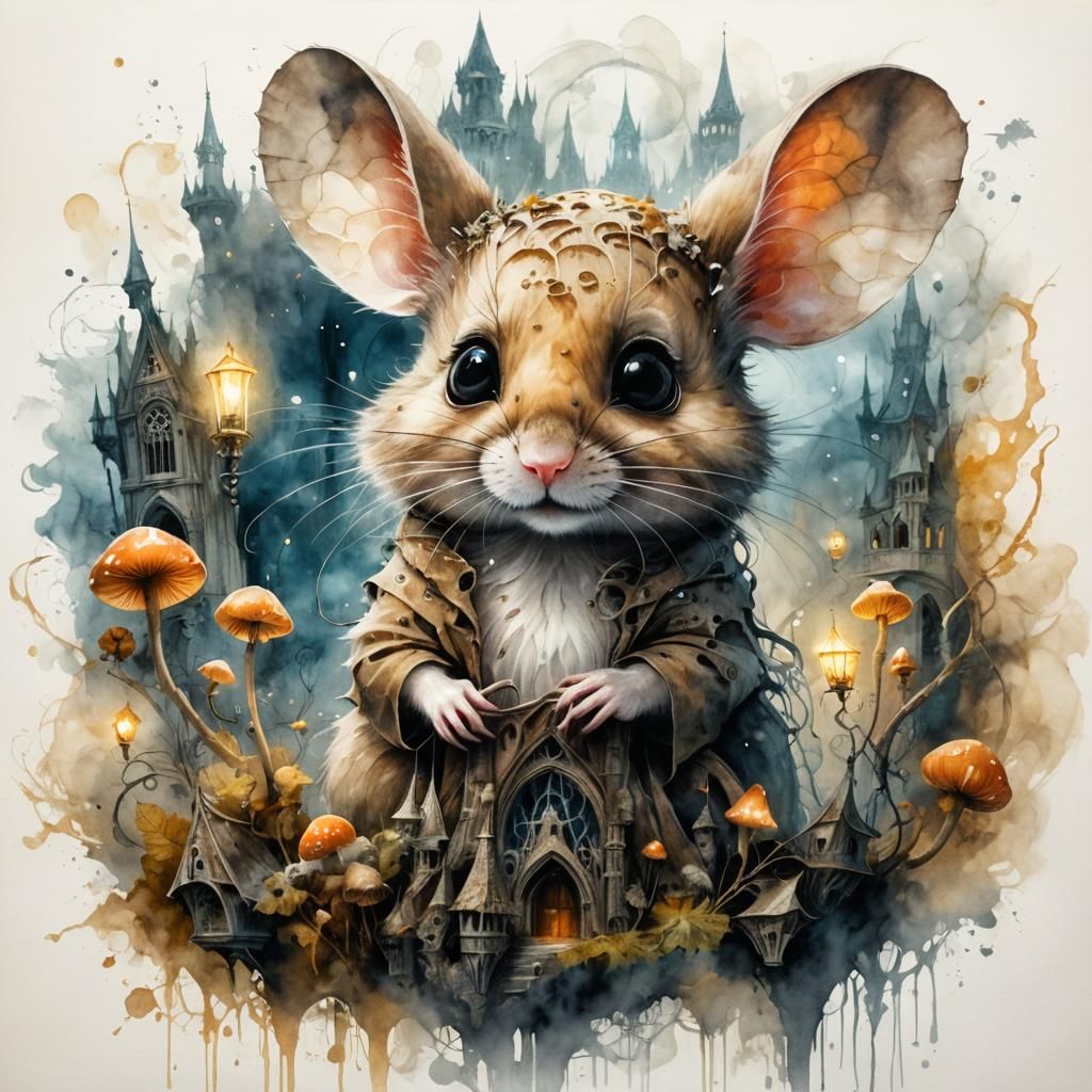 Mouse in Gothic Cathedral: Dark Fantasy Illustration