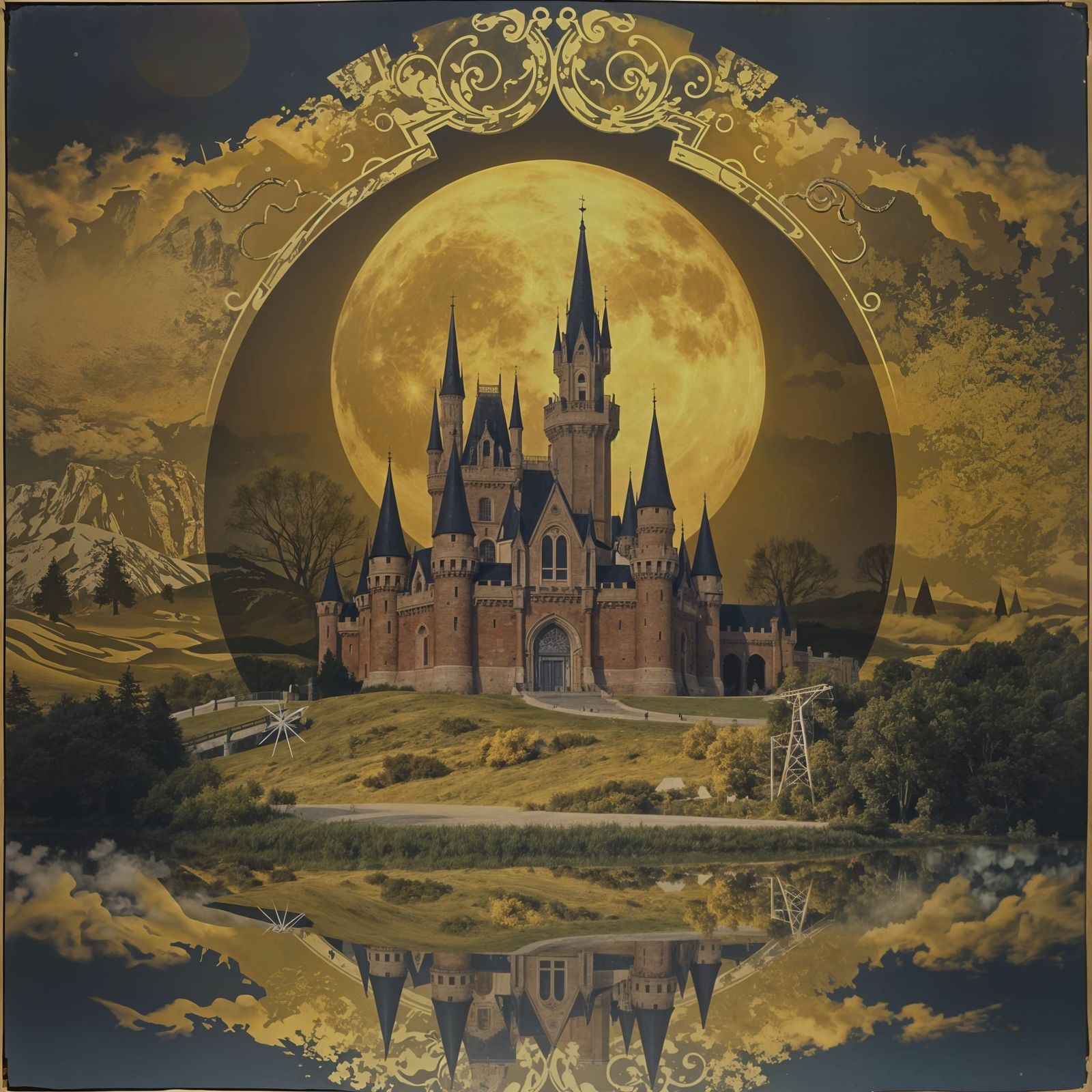 Ethereal Castle Scene Under Gilded Moonlight