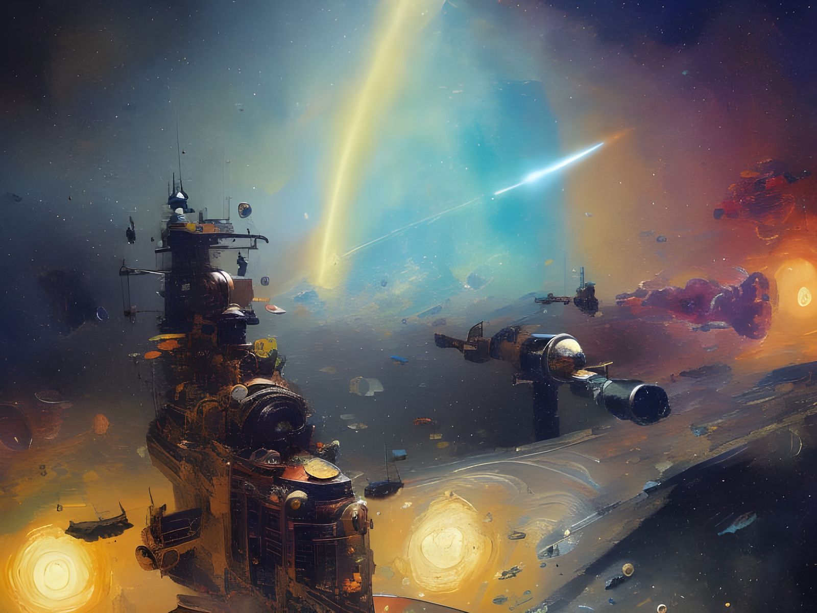 Steampunk Spaceship Soaring Through Rainbow Galaxy