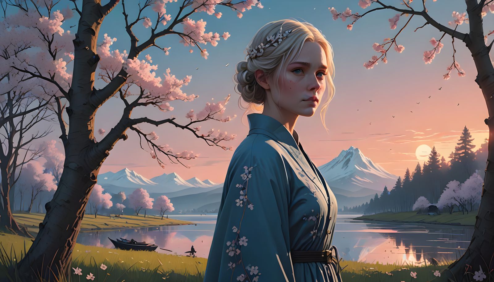 Ethereal Nordic Muse Amidst Blooming Cherry Trees in Soft Tw...