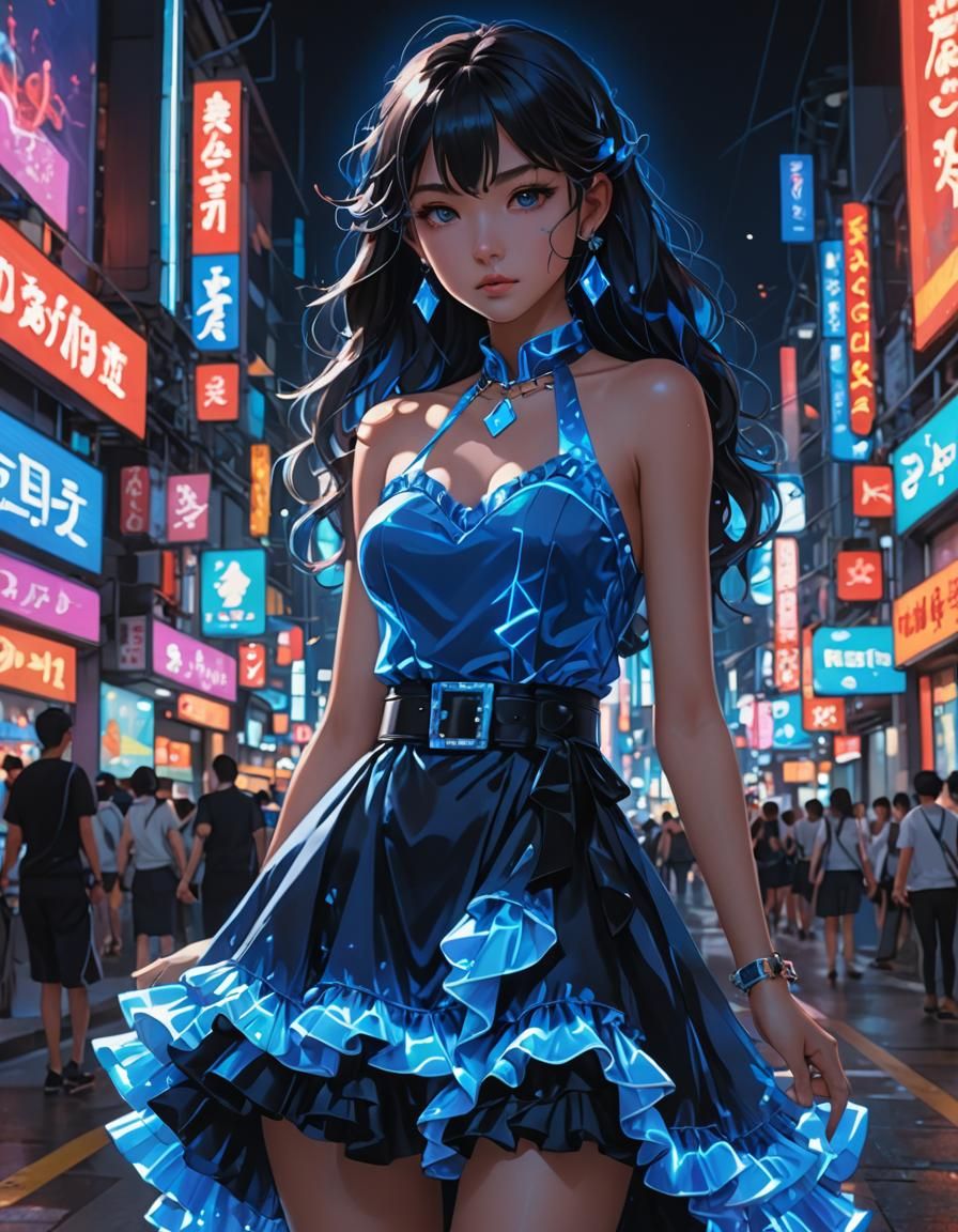Glowing Neon Blue dress. amidst bright neon lights. The dress is a flowing ruffle dress with a gem-encrusted black halte...