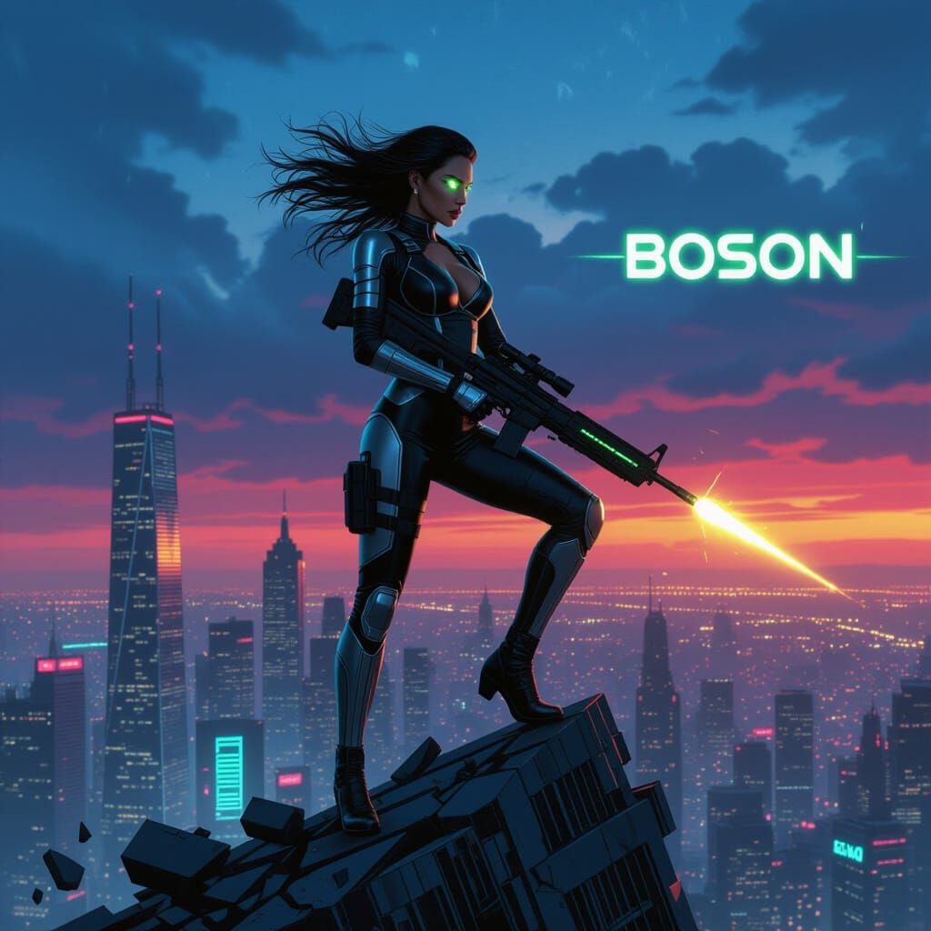 Latina Warrior on Shattered Skyscraper in Cyberpunk Style