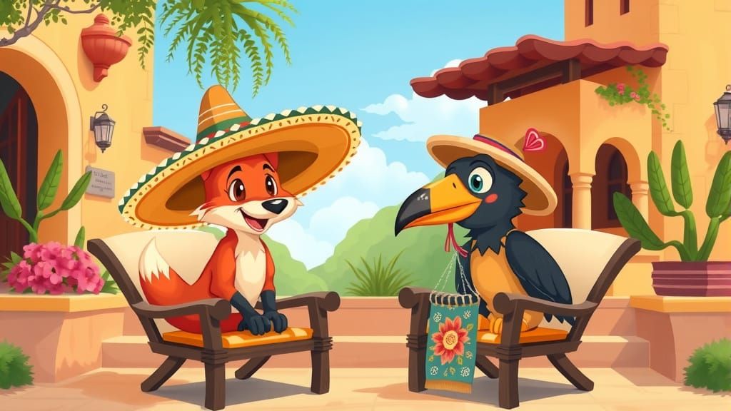 Fox and Crow at the Hacienda in Cartoon Style