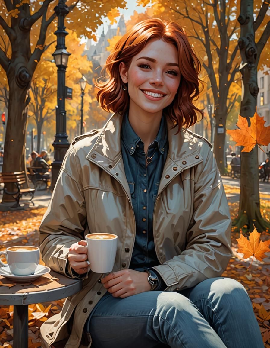 Woman Sipping Coffee on Autumn Morning, Hyperdetailed Portra...