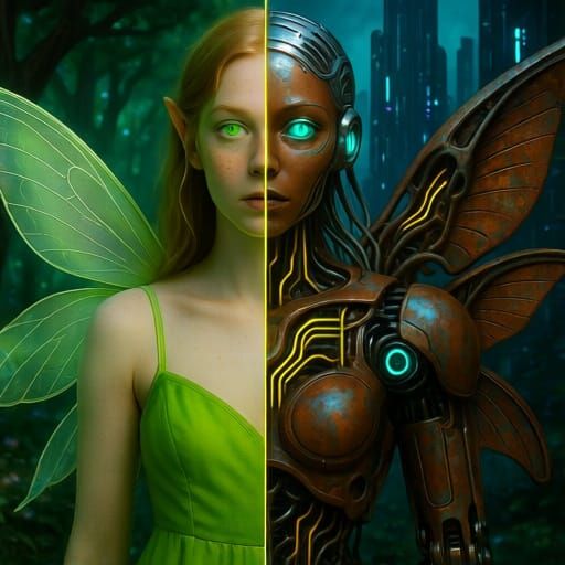 Fairy and Android Portrait in Contrasting Styles