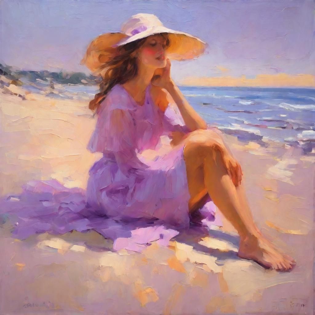 Woman Relaxing on Beach as Impressionist Oil Painting