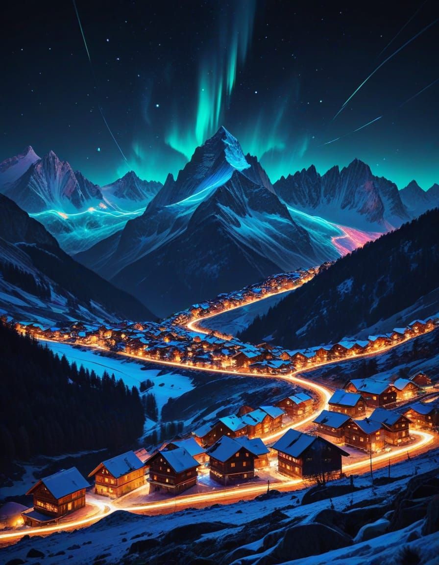 Abstract Geometric Alps Village at Night