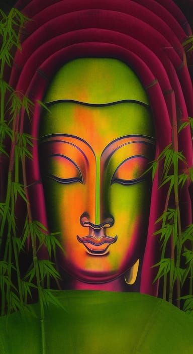Bamboo Forest Buddha in Watercolor Splash Art