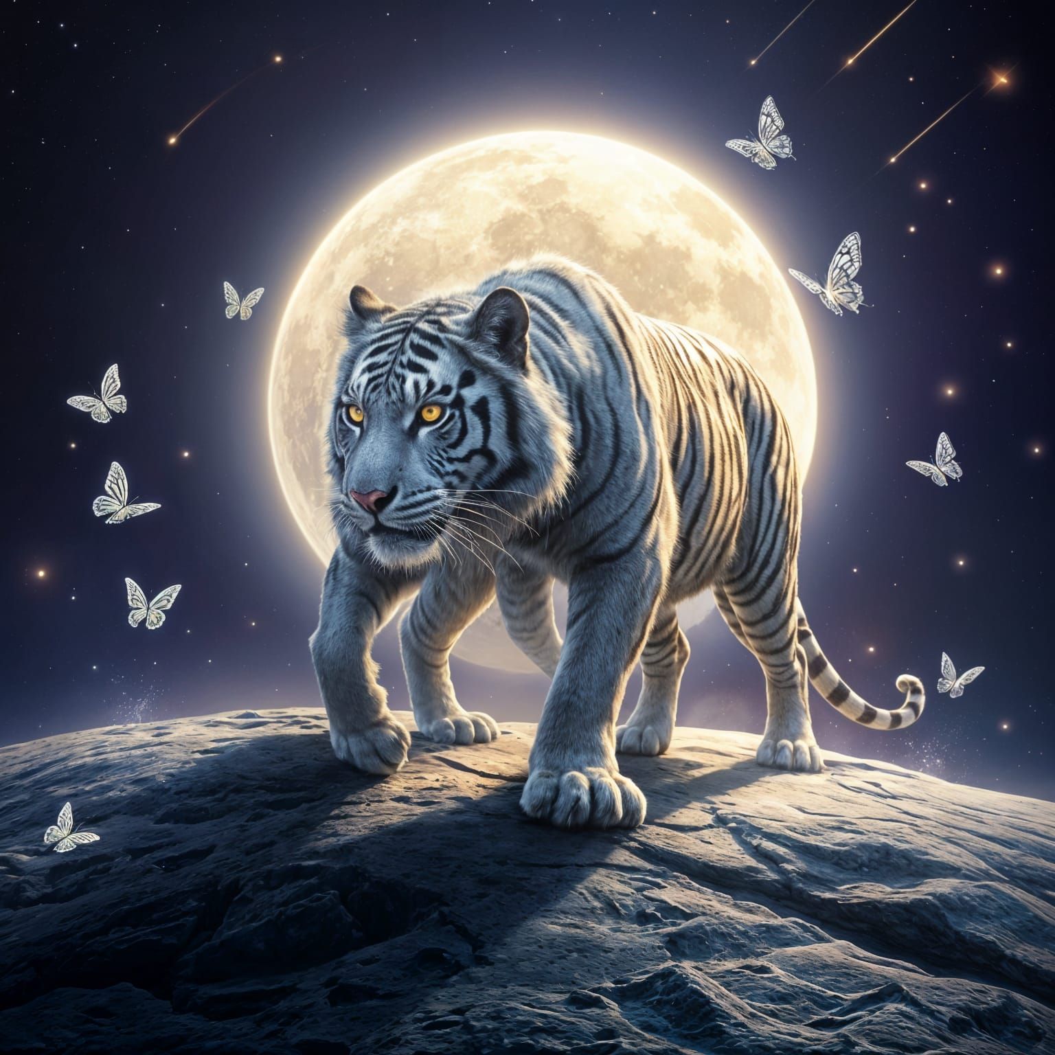 Lunar Tiger with Butterflies and Shooting Stars