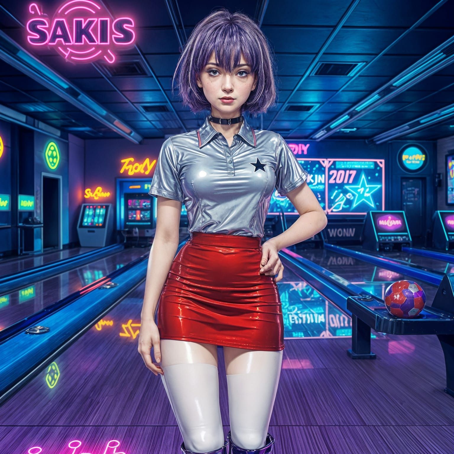 Futuristic Nerdy Woman in Latex Outfit Bowling