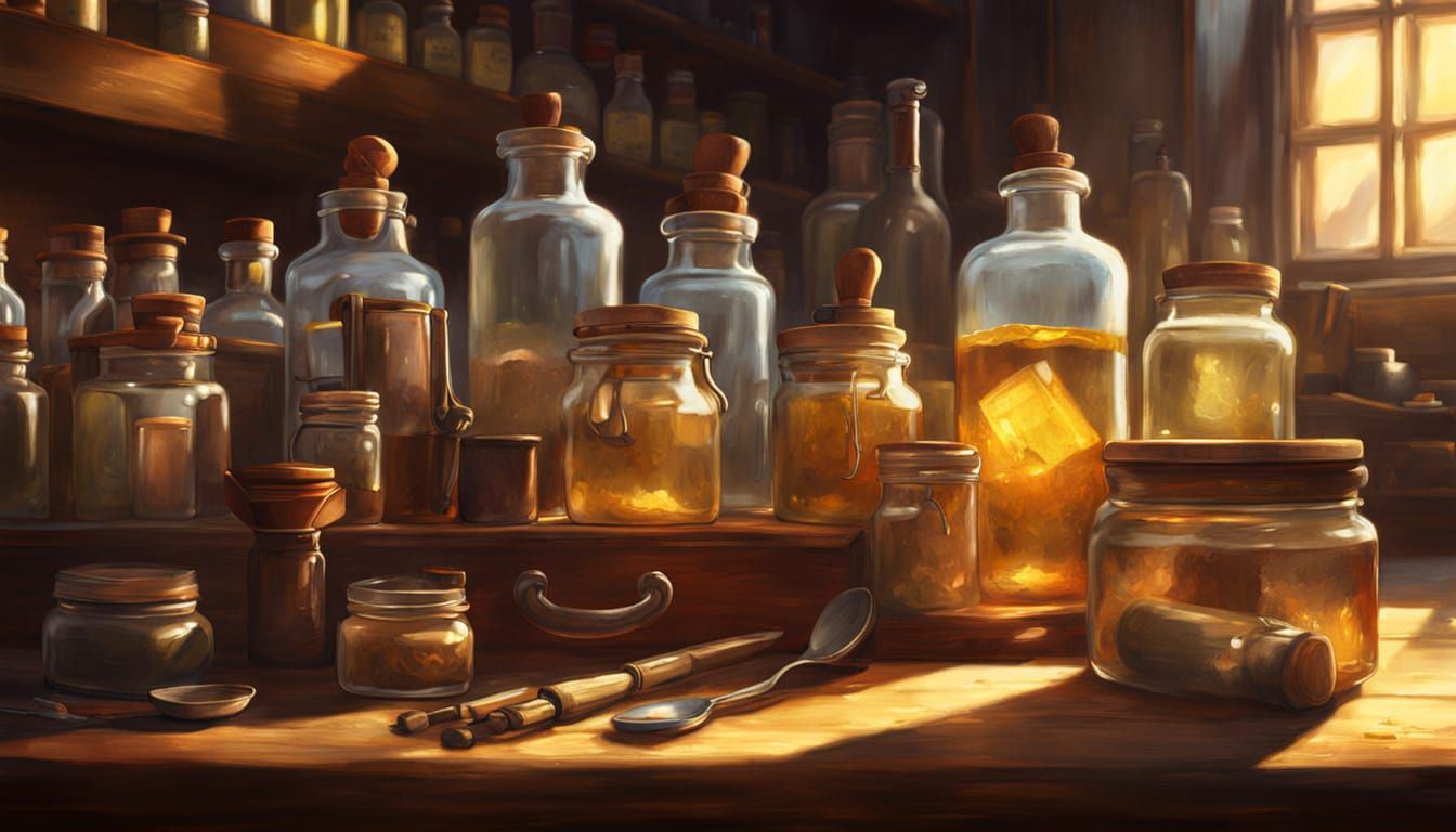 Apothecary Desk Still Life in Oil Painting Style