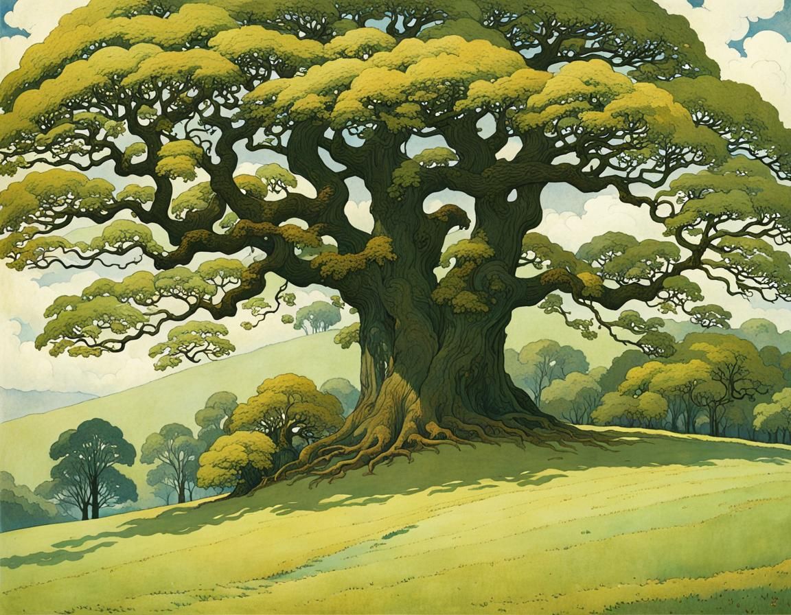 Majestic Beech Trees in Golden Age Illustration Style