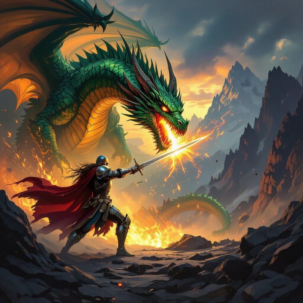 Knight Slaying Dragon in Dramatic Fantasy Art Style