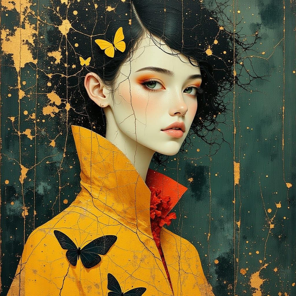 Woman in Cracked Fabric with Butterflies, Painterly Style