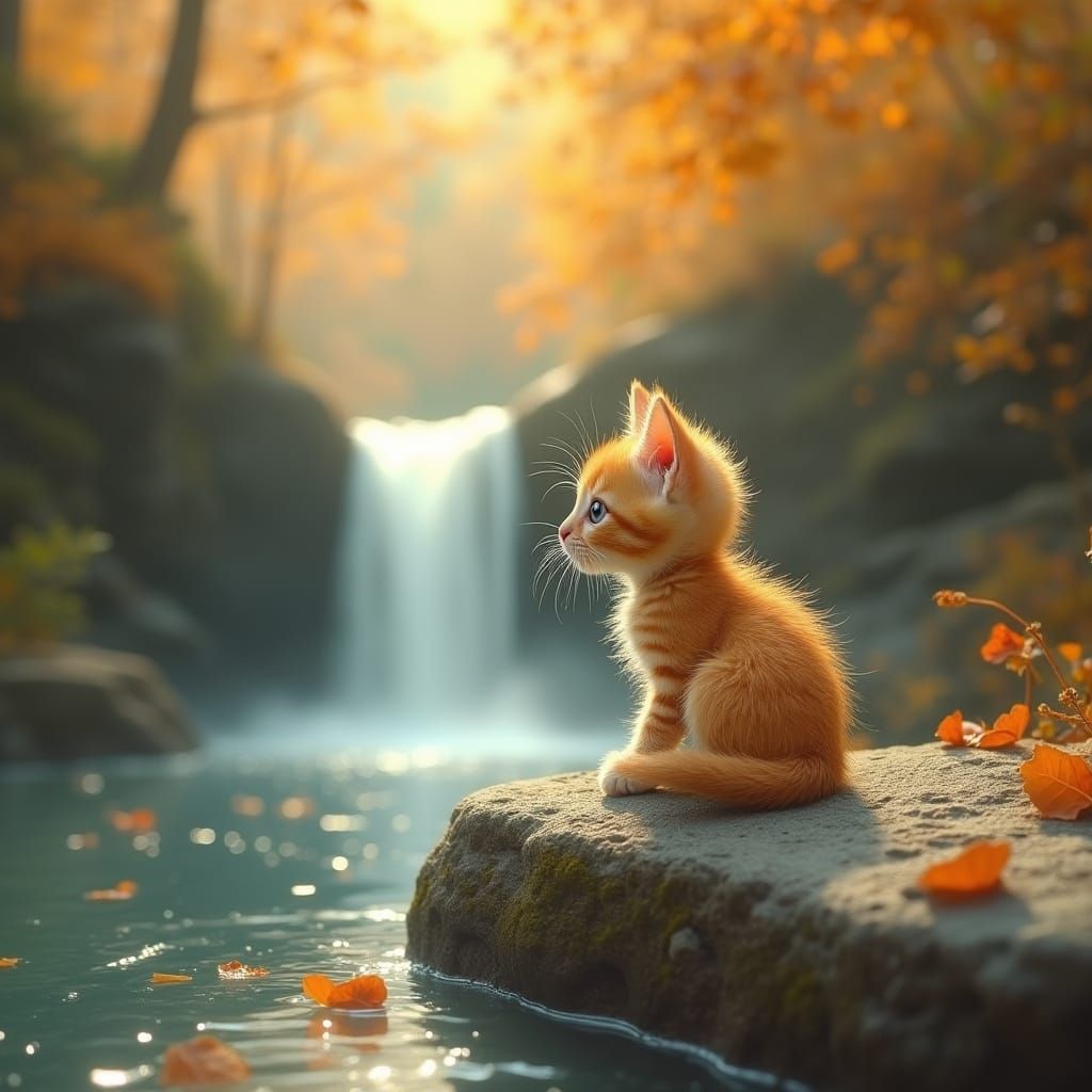 Golden Kitten by Autumn Waterfall in Fairy Tale Style