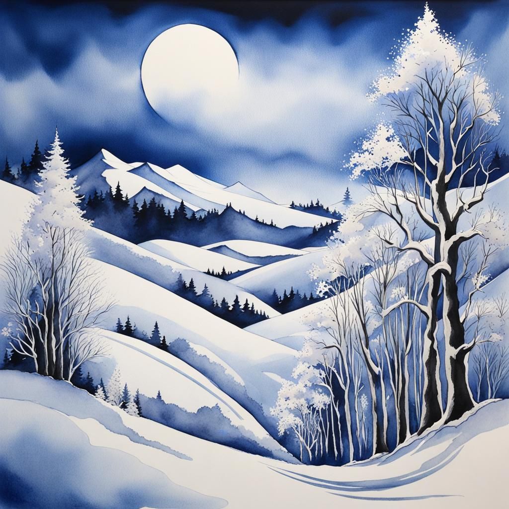 Blue Winter Landscape in Watercolor Ink