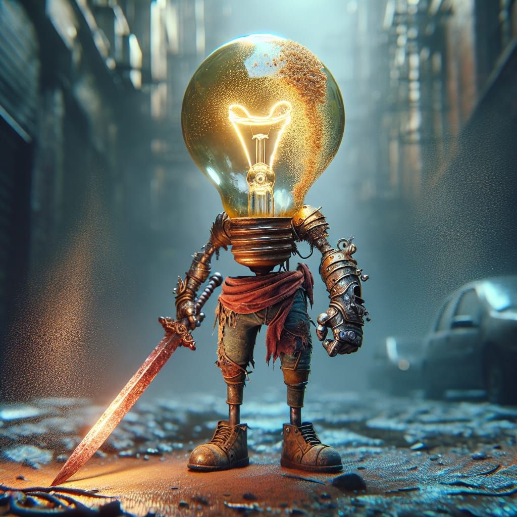 Lightbulb Warrior Victorious in Dystopian City