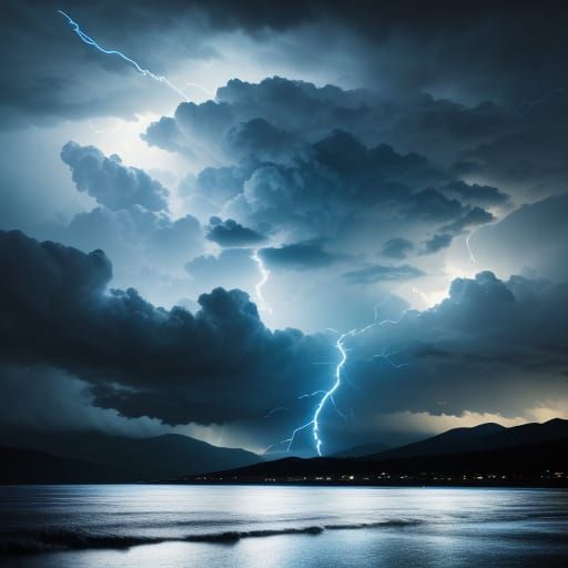 Stormy Sky Illuminated by Lightning: Oil Painting Style