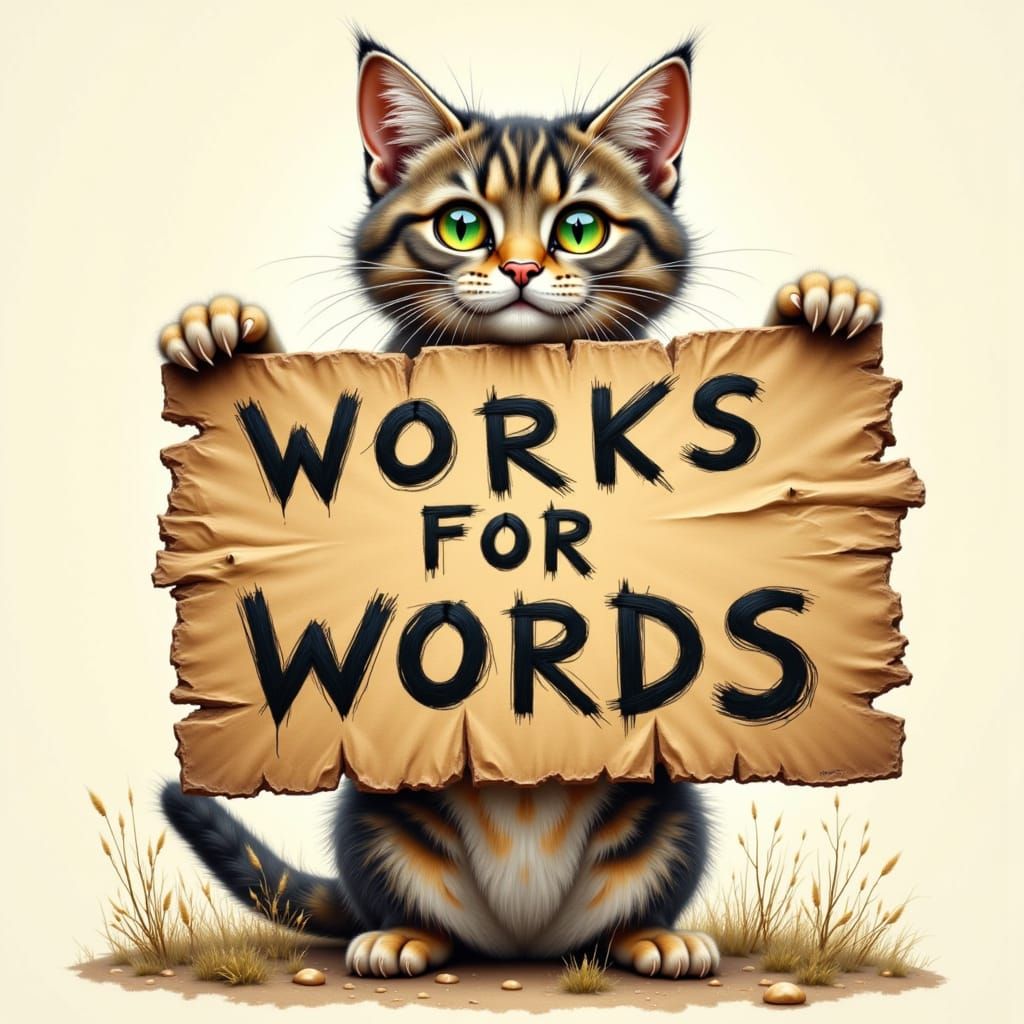 Whimsical Cat Holds Handmade Sign in Playful, Expressive Sty...