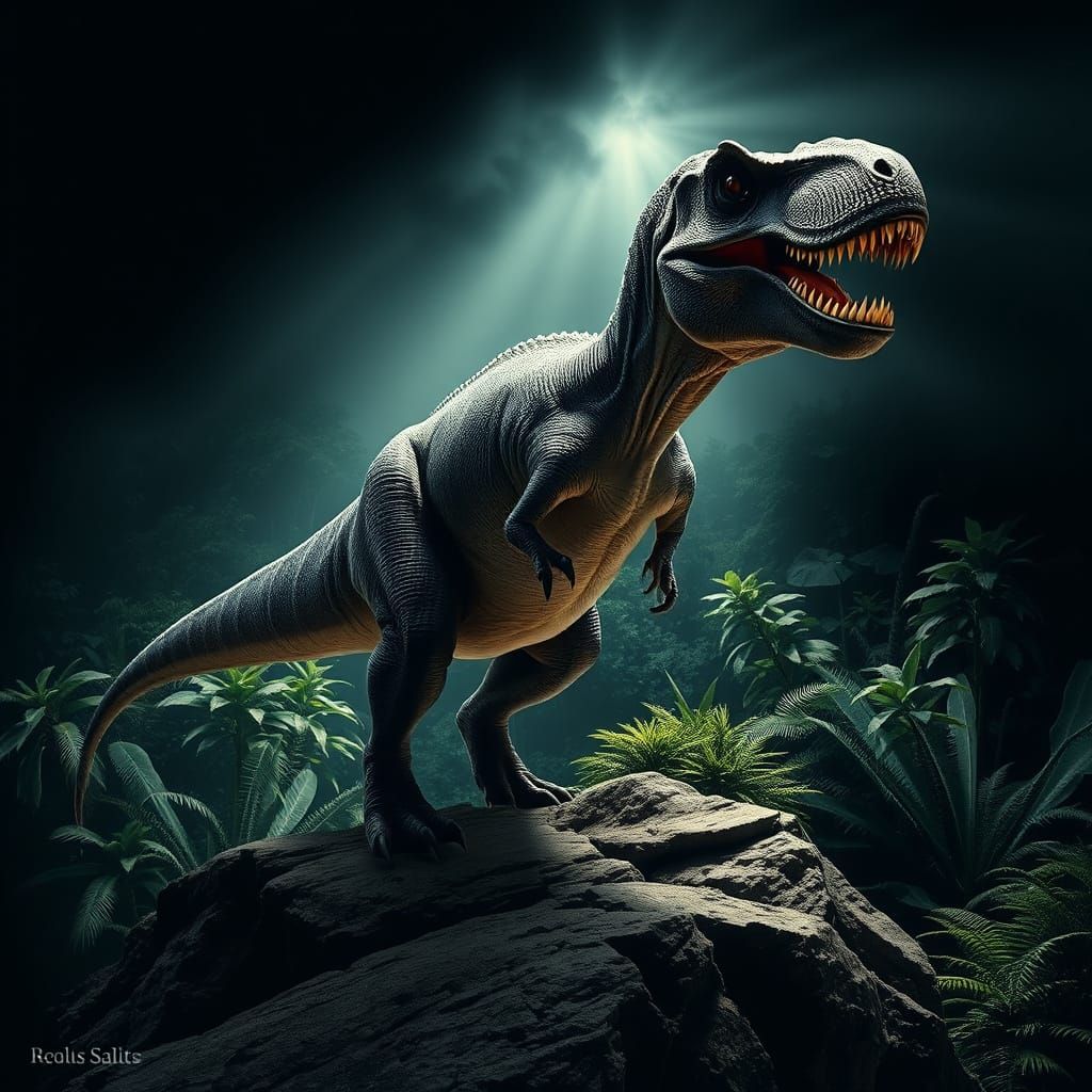 Majestic T-Rex Movie Poster in Chiaroscuro Style