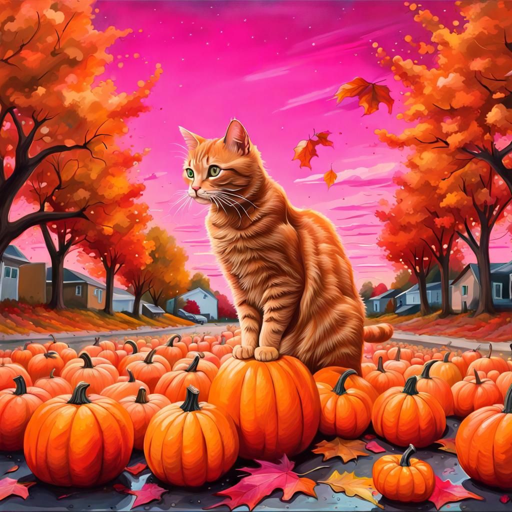 Orange Cat in Autumn Foliage, Photorealistic Style
