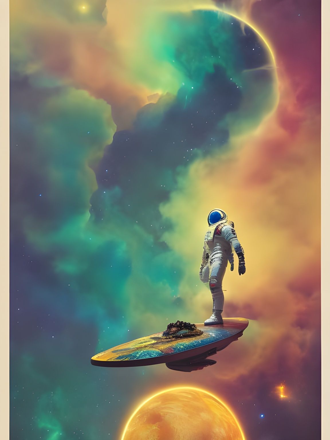 Astronaut Surfing Cosmic Wave in Detailed 3D Render
