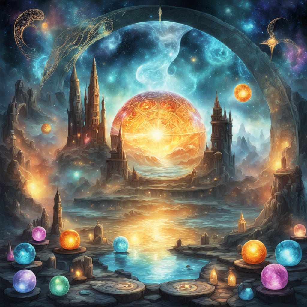 Magical World Inside Cracked Sphere in Watercolor Style