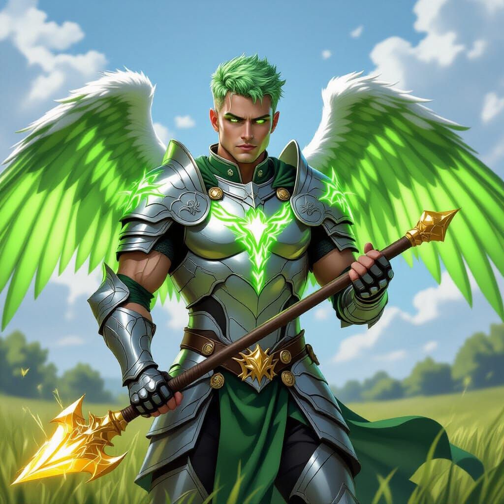 Male Angel in Silver Armor with Golden Mace