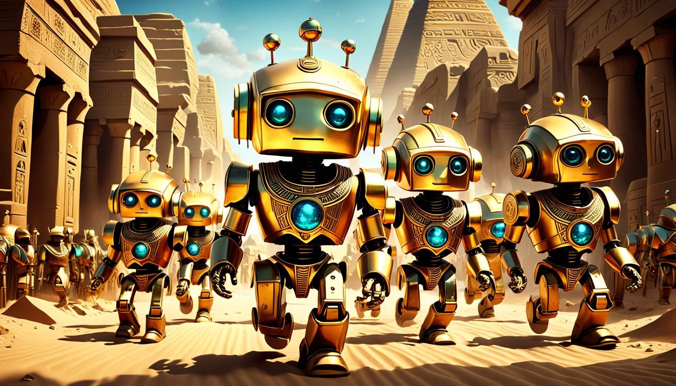 Golden Robot Army in Ancient Egypt, Digital Art
