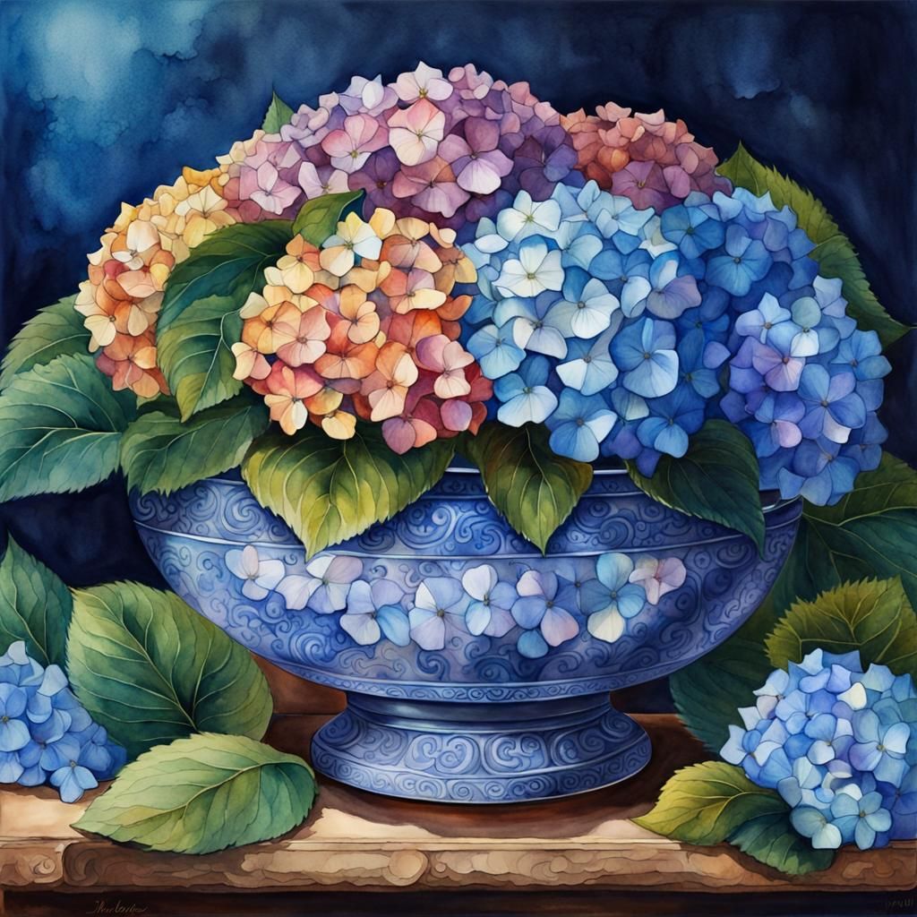 Watercolor Hydrangeas in Blue: Hyperrealistic Illustration