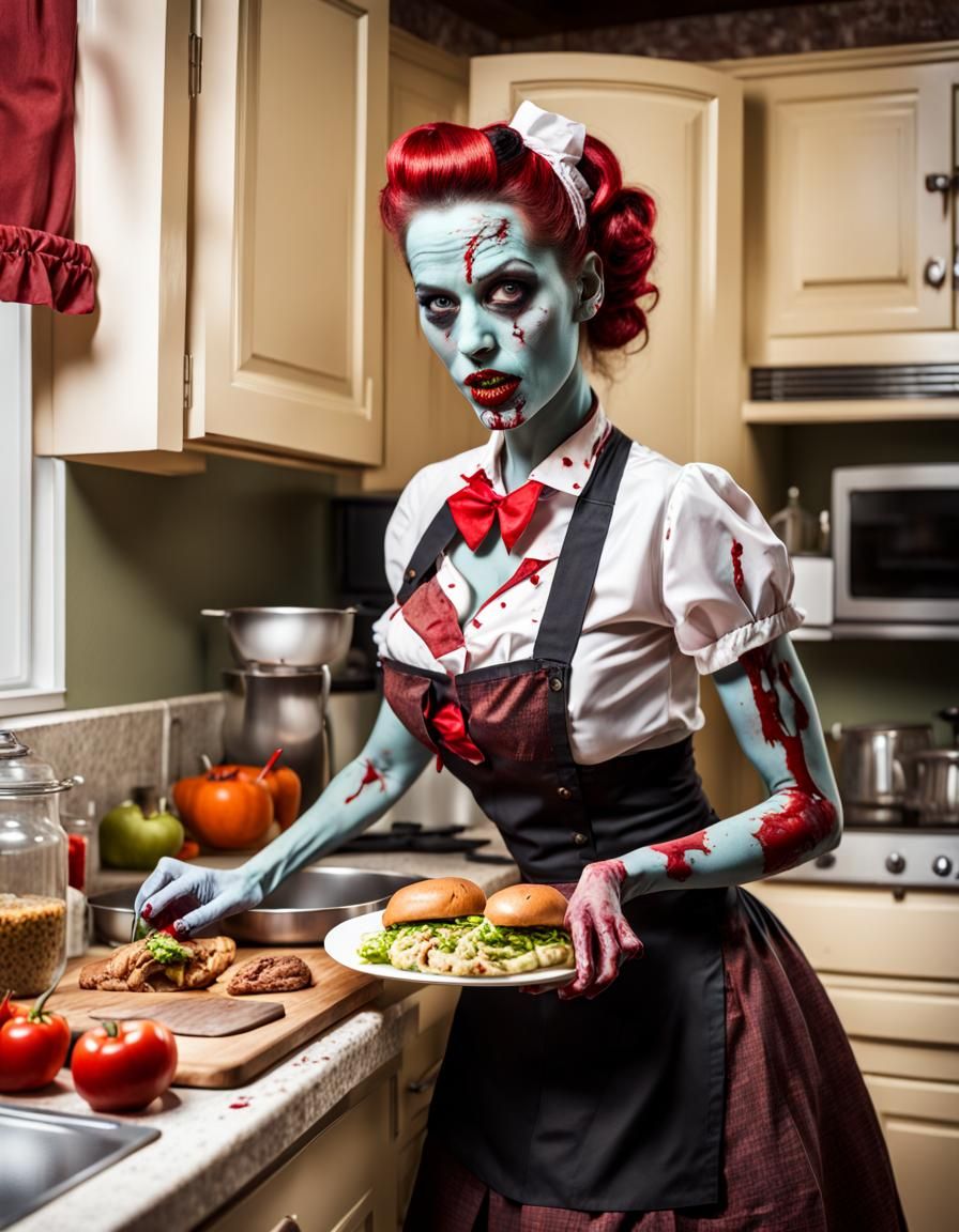 Zombie Pin-Up Housewife Serving Brains