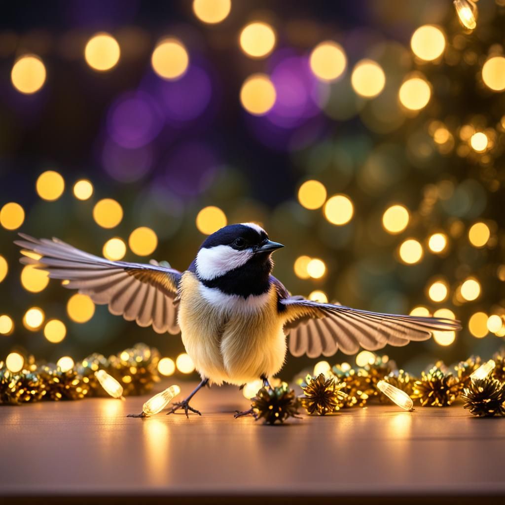 Chickadee in Christmas Lights: Hyper-Realistic Night Scene