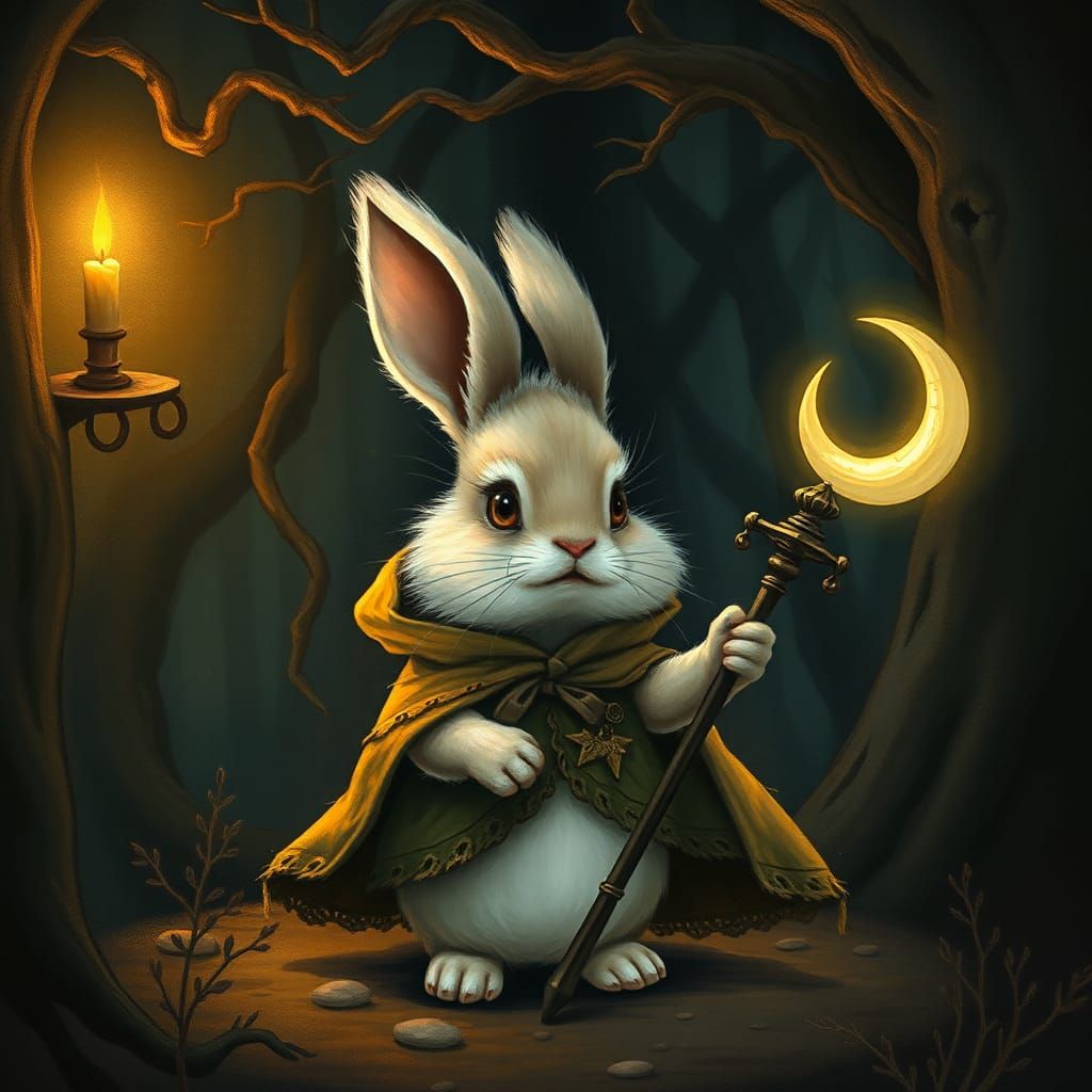 Mystical Bunny Rabbit in Dark Forest Illustration